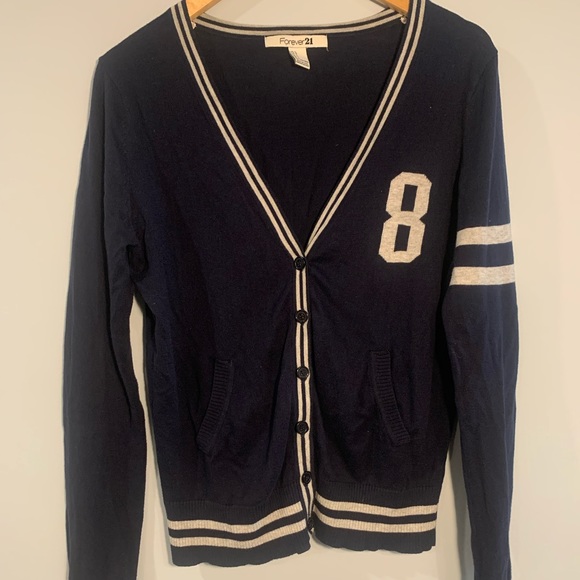 💞$5 Bundle Price💞 Forever 21 Varsity Style Navy Knit Cardigan - Picture 1 of 4